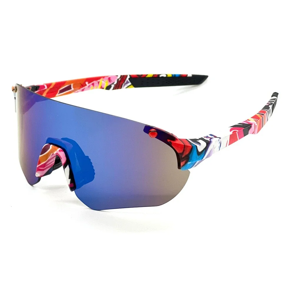 Multicolor Graffiti Shield Sport Sunglasses Blue Mirrored Lens Mens Cycling Gear